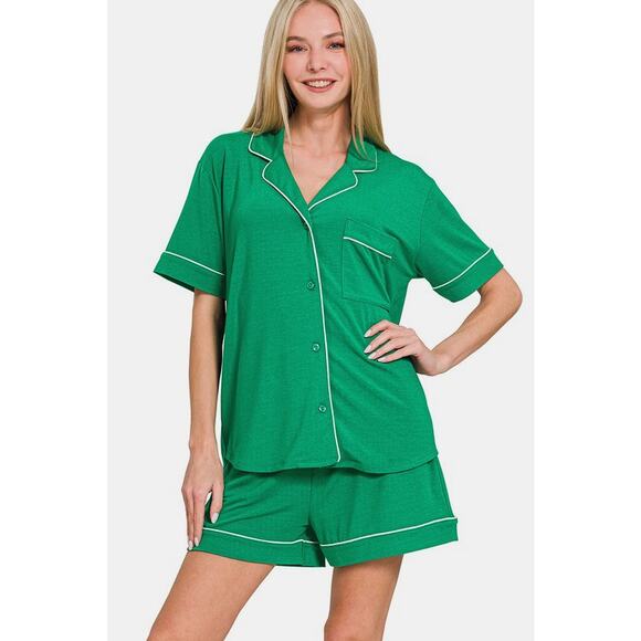 ZENANA Green Button Down Short Sleeve Top and Shorts Pajamas Lounge Set NEW - Picture 1 of 4